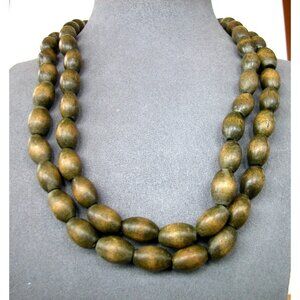 Vintage Single-Strand Wooden Bead Necklace Olive Green Brown Boho 40"